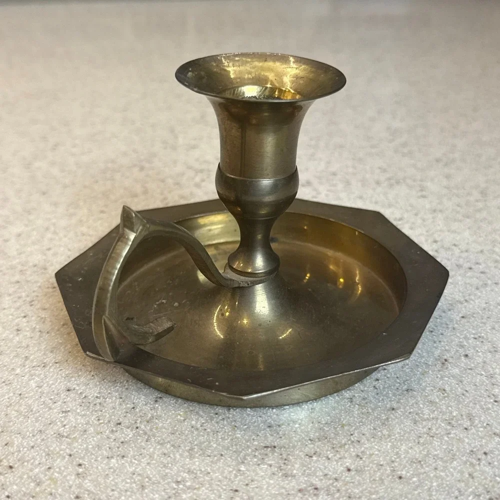 Vintage Archana Handicrafts Brass Chamberstick Candle Holder Octagon Base India